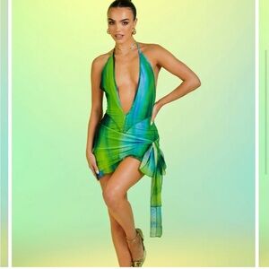 MURCI- DEEP V NECK ASYMETRIC MINI DRESS IN EDEN